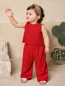 Travachic KIDS Babygirl Summer Cute Ruffle Sleeveless Top And Pants Set - Red - View 2