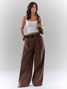 Glamine Quần dài thường ngày bằng cotton hữu cơ màu nâu dành cho nữ có thắt lưng đen, quần dài công sở thanh lịch màu nâu dành cho nữ - Cà phê nâu - Xem 3