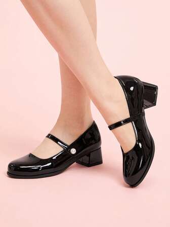 CUCCOO DOLLMOD Bailarinas de mujer con tacón grueso, puntera redonda y calado, con decoración de perlas falsas