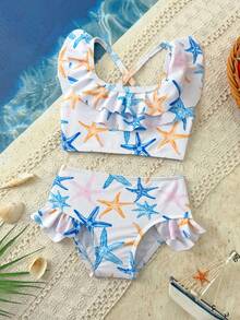 Cute & Fresh Starfish Print Top With Flounce Design Baby/Toddler Girls Swimsuit Set 2 Piece Baby Swim Suit Beach Baby Outfit Toddler 2 Pc Swimsuit Bikini Set For Baby Ocean Baby Clothes Under The Sea Bathing Suit Toddler Girl Baby Mermaid Swimsuit Baby Girl Ocean Print Toddler Swimsuit Starfish