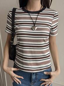 Livesso Áo thun cổ tròn tay ngắn kẻ sọc thường ngày dành cho nữ, mùa thu - Cà phê nâu - Xem 3