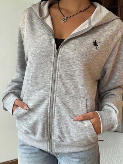 SHEIN EZwear 女款灰色針織連帽衛衣，秋季校園假期運動休閒風圖案街頭穿搭