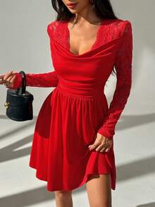 SHEIN Unity Women's Lace Trim Draped Neck Long Sleeve Dress, Suitable For Christmas, Valentine's Day, Party And Holiday Occasions, Spring/Autumn/Winter - Red - View 7