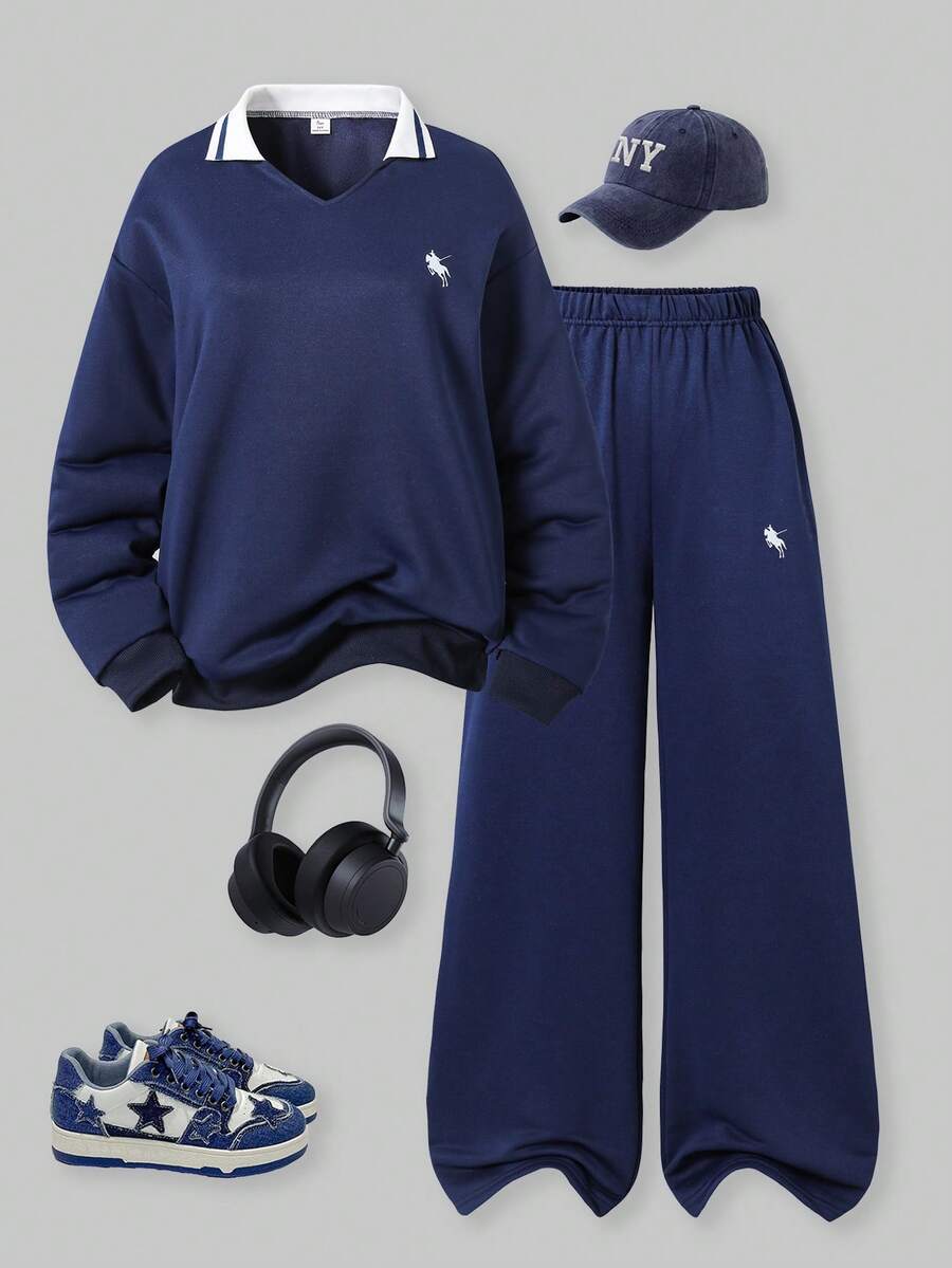 SHEIN Explorewe 少女两件套:纯色字母印花 Polo 衫 + 宽松运动裤,休闲秋冬穿搭组合 - 藏蓝色 - 查看 1