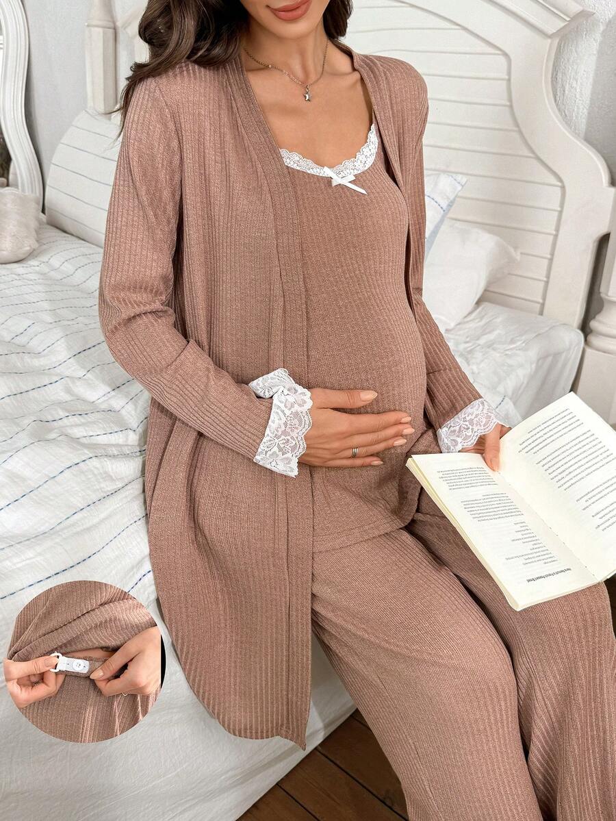 Moonlight&Mama 3pcs Solid Color Ribbed Contrast Lace Camisole, Pants And Jacket Maternity Casual Pajama Set, Winter
