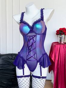 4件套性感蕾丝拼接女士内衣套装，音乐节 - 紫色 - 查看 3