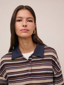 Nöista Áo polo dài tay kẻ sọc, chất liệu dệt kim mềm mại, độ dày vừa phải, mang đến cảm giác thoải mái và trẻ trung, hoàn hảo cho kỳ nghỉ xuân của phái nữ, những bộ trang phục ấm áp cuối tuần, phong cách thường ngày theo mùa, các buổi tụ họp sinh nhật và ngày Valentine trang trọng. - Màu xanh hải quân - Xem 3