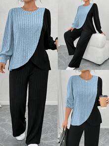 EMERY ROSE Conjunto de 2 piezas de ropa de estar en casa de talla grande, color negro, estilo casual elegante para otoño, con top de cuello redondo, manga larga, punto suave acanalado, diseño de bloques de color y patchwork asimétrico, y pantalones - Multicolor - Ver 1