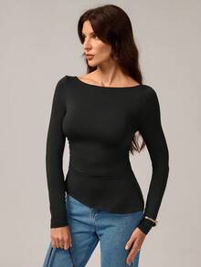 SHEIN Tall Women's Lace Patchwork Bow Back Slim Fit Long Sleeve Off Shoulder Black Sexy Top Lace Top See Through Top Long Sleeve Top Women Top,Boho Women Clothing,Black Lace Top,Y2k Clothes Women,Fall Clothes,Back To School Clothes,Going Out Tops,Black Top - Black - View 5