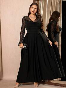 SHEIN Clasi 大码女式亮片网纱拼接长袖褶皱优雅连衣裙 - 黑色 - 查看 7