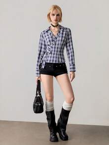 Ardnt 经典性感V领条纹衬衫，腰部系带设计，休闲法式风格，女士必备百搭衬衫，初秋 - 藍色 - 查看 4