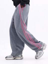 SUMWON Pembe Yan Şerit Detaylı, Elastik Bel, Rahat Kışlık Ev Giyimi, Sokak Giyimi Tarzı, Rahat Bağcıklı Bel Bandı ile Karışık Renkli Bol Kesim Eşofman Altı