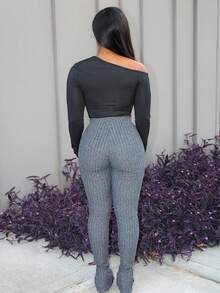 Steph T Casual Home Elastic Waist Ribbed Fluffy Ankles Slit Flared Pants, Navy Blue - Dark Grey - View 2