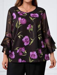 Miaspire 大码女式花卉印花网眼喇叭袖时尚衬衫 - 彩色 - 查看 4