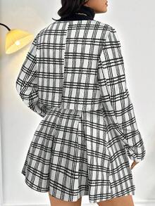 Firerie Plus Size Women's Elegant Commuter Workwear Sophisticated High-End Afternoon Tea Slightly Sexy Date Music Concert Collegiate Vintage Black & White Plaid Print Long Sleeve Jacket & Pleated Mini Skirt, Back To School Outfit Flannel Wednesday Addams In Fall/Winter