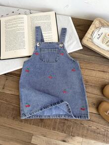 LMoss Kids 女婴樱桃图案蓝色休闲无袖牛仔背带裙 - 中等水洗藍 - 查看 8