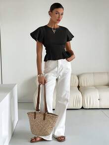 Siren Gaze Women's Solid Color Short Sleeve Shirt, Fashionable For Summer Black Casual - Black - View 5