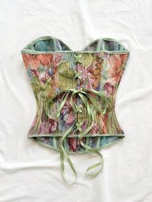 Soleia 女士复古宫廷风彩色花卉提花印花抹胸露脐上衣，带纽扣和后系带 - 彩色 - 查看 2