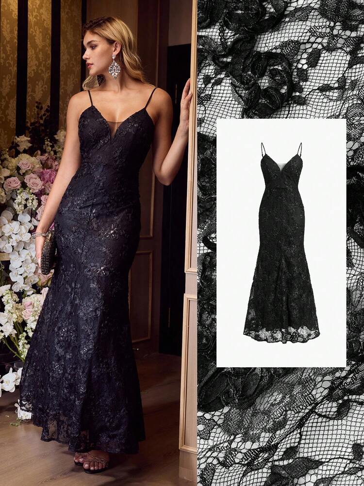 VESTIDO DE CÓCTEL CON CUELLO EN V PROFUNDO DE TELA DE ENCAJE BORDADA CON LENTEJUELAS, NEGRO