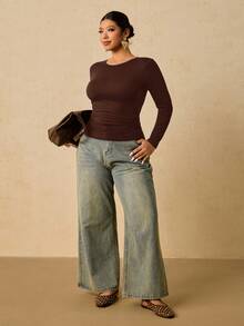 Travachic 加大码女式黑色长袖圆领保暖内衣，腰部褶皱收腹T恤 - 棕色 - 查看 3