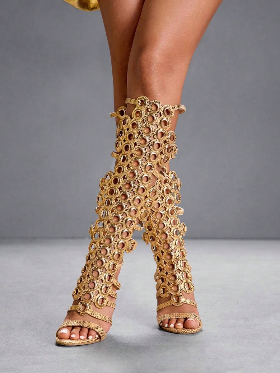 CUCCOO SZL Women's Fashionable Hollow-Out Ornate High Heel Sandals Valentine's Day - Gold - View 1