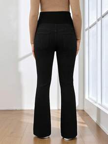 SHEIN Women's High Waist Flare Casual Versatile Jeans Winter Christmas New Year Thanksgiving Commuting Vacation Graduation Chic Y2k Cute Streetwear Coquette Party Wedding Elegant Business Casual Woman Stylish Black Maternity Bell Bottoms Supportive High Waist Flare Pants For Expecting Mothers High Waist Belly Support Maternity Pants Multi-Occasion Maternity Pants Simple Stretch Design All-Day Comfort Maternity Pants - Black - View 4
