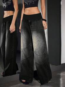 SHEIN PETITE Jeans anchos y sueltos de mujer con cintura de contraste, versátiles y casuales
