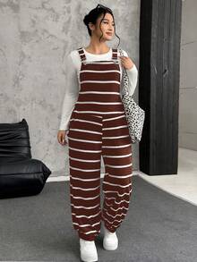 SHEIN EZwear Plus Size Women's Brown & White Ribbed Elastic Fuzzy Ribbed Jumpsuit - Brown - View 1