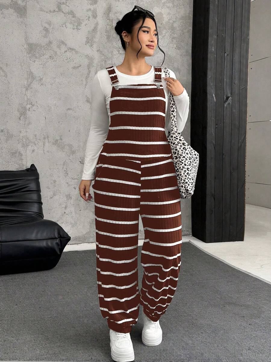 SHEIN EZwear Plus Size Women's Brown & White Ribbed Elastic Fuzzy Ribbed Jumpsuit - Brown - View 1