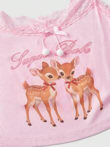 ROMWE Kawaii 可爱小鹿爱心字母印花粉色针织吊带背心，加大码细肩带背心 - 粉色 - 查看 3