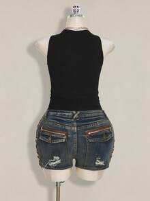 SHEIN ICON 大码 Y2K 风格透视做旧性感吊带背心 - 黑色 - 查看 2