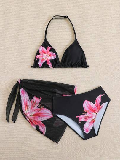 SHEIN Teen Girls 3 Pieces Bikini Set, Black Floral Halter Triangle Top, Triangle Bottom, Sarong, Fashionable & Elegant Swimwear Suitable For Swimming, Vacation, Summer Flower Swimwear Hibiscus Swimwear Black Flower Swimwear Teen Girl Swimwear Black 3 Pieces Bikini Set Three Pieces Swimwear Set Bathing Suits 3 Pieces Swimming Suits For Teen Dress Beach