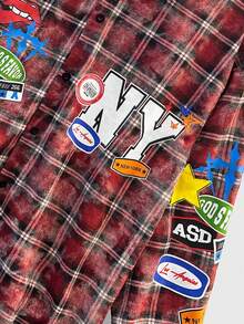 ROMWE MEN Áo sơ mi nam tay dài, đơn hàng khuy, họa tiết chữ và kẻ caro - Nhiều màu - Xem 4