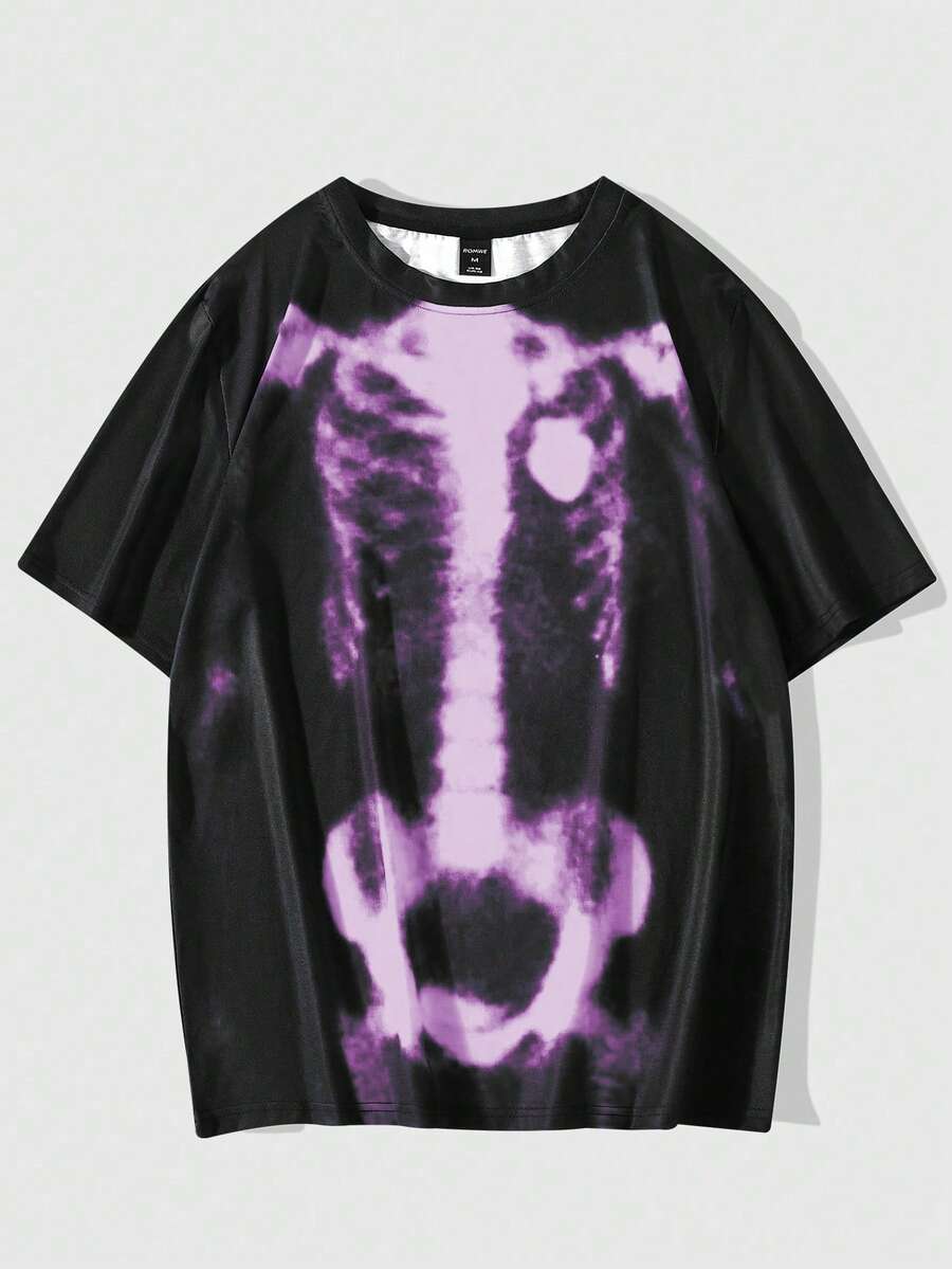 ROMWE MEN Grunge Punk Áo thun nam cổ tròn tay ngắn in họa tiết xương, thời trang mùa hè - màu đen - Xem 1