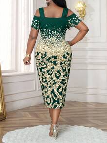 SHEIN Lady Đầm bodycon tay ngắn hở vai cỡ lớn thanh lịch cho nữ, trang phục đi biển, đầm trang trọng cho nữ - Màu xanh lá cây đậm - Xem 2