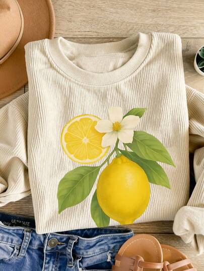 EMERY ROSE Lemon Print Casual Crew Neck Fleece Long Sleeve Sweatshirt, Suitable As A Gift For Friends, Autumn/Winter
