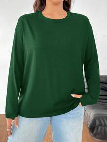 SHEIN EZwear 大码纯色简约日常圆领长袖T恤，橄榄绿 - 墨綠色 - 查看 7