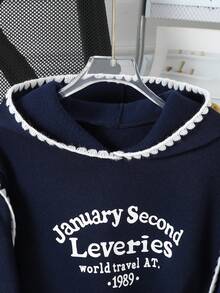 SHEIN 1pc Tween Girl'Fashionable Navy Blue And White English Print Sweatshirt,Loose Fit Pullover,Autumn Casual School Back-To-School Contrast Trim Hoodie - Navy Blue - View 6