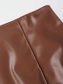 Sweetra 性感低腰时尚PU皮革开衩迷你裙，女士春夏款 - 鏽棕色 - 查看 3