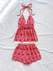 Soleia 女款紅白格紋夏季熱帶度假兩件套，V領掛脖前綁帶背心與寬鬆超短褲海灘穿搭 - 彩色 - 查看 4
