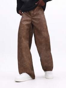 SUMWON 阔腿麂皮裤 高腰宽松休闲裤 秋冬时尚单品 舒适宽松裤 - 卡其色 - 查看 4