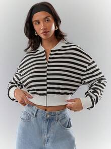 Glamine Chaqueta casual con cremallera de manga larga, cuello de béisbol elástico de punto en blanco y negro, adecuada para uso diario