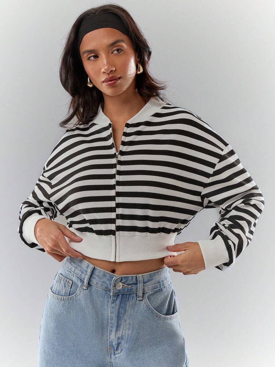 Glamine Chaqueta casual con cremallera de manga larga, cuello de béisbol elástico de punto en blanco y negro, adecuada para uso diario