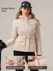 OutZeal Ski Jacket Women Shell Jacket Thermal Clothes Winter Skiing Camping Quilted Lined Water-Resistant Adjustable Belt With Zip Pockets - Apricot - View 4