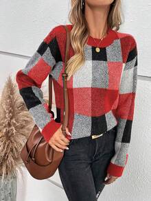 EMERY ROSE 女士圆领格子条纹宽松休闲套头毛衣 - 紅色 - 查看 4