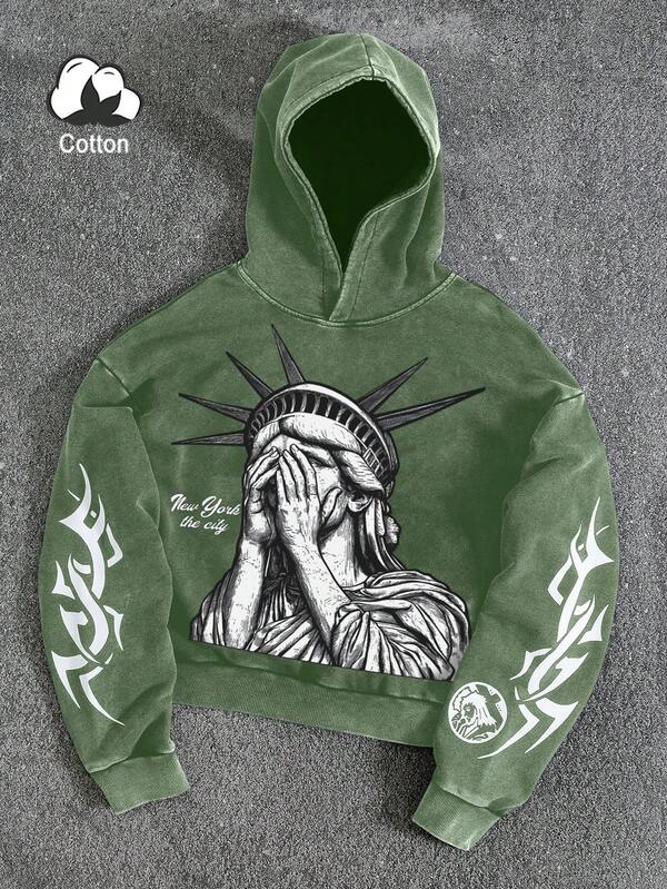 PAVTROS Men's Contrast Color Print Hoodie Green Graphic Hoodie New York Hoodie Graphic Hoodie Cropped Hoodie Mens Hoodie