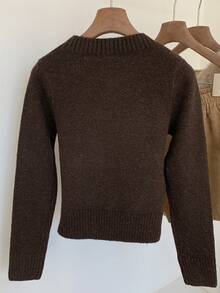 Comfortcana Áo len dài tay cổ tròn màu trơn thường ngày cho nữ, mùa thu/đông - Cà phê nâu - Xem 2