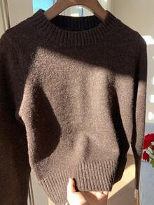 Comfortcana Áo len dài tay cổ tròn màu trơn thường ngày cho nữ, mùa thu/đông - Cà phê nâu - Xem 8