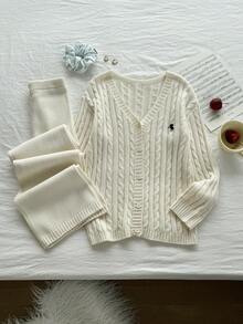 SHEIN Girls Cream White Star Jacquard Knit Clothes Set,Autumn Casual V-Neck Cardigan & Sweatpants,Back-To-School Holiday Tween Matching Sweater Suit,Winter - Apricot - View 6