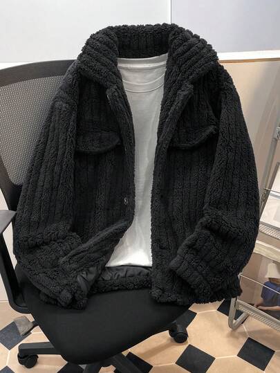 Manfinity Joysei Manfinity翻盖细节纽扣前襟法兰绒抓绒夹克，男士前襟纽扣长袖口袋简约夹克，休闲日常穿着，秋冬季节，男友礼物，外出穿着，泰迪绒内衬外套，街头风，美式复古街头风夹克，Grunge风格